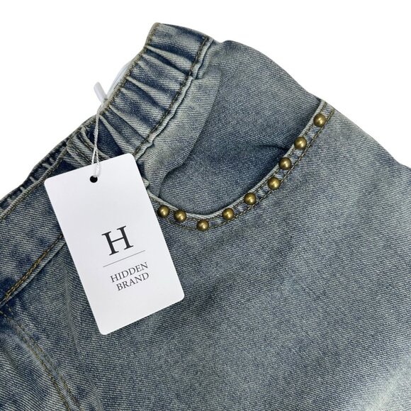 Women Studded Denim Shorts Size M High Elastic Waist Decorated Studs Frayed Hem - Picture 6 of 12